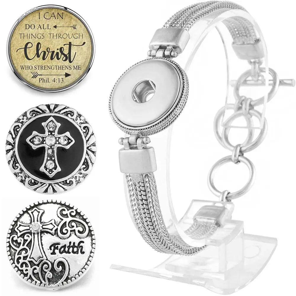 Snap Jewelry Bundle Set - Silver 9 in. Adjustable Bracelet, 3 Christian Faith Ginger Charm Snaps, Fits 18MM 20MM Snap Necklaces, Bracelets