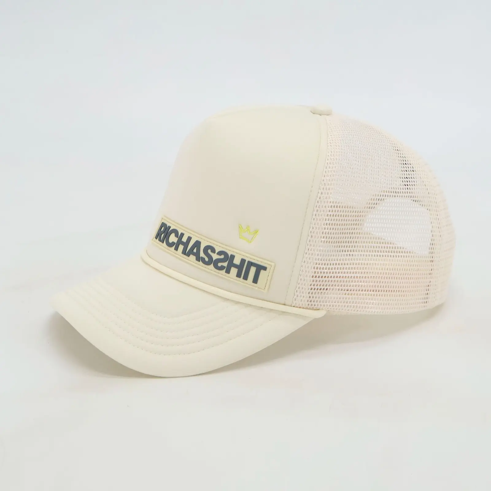 RICHASSHIT Oatmilk Overdraft Trucker Hat – Cream Snapback with Bold Vibe & Hidden Stash Pak