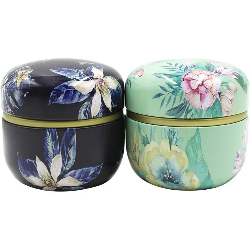 2 Pack Mini Tea Storage Containers Tea Coffee Tins Flowers Pattern Food Storage Container for Herb Candy Chocolate Sugar Spices Candle