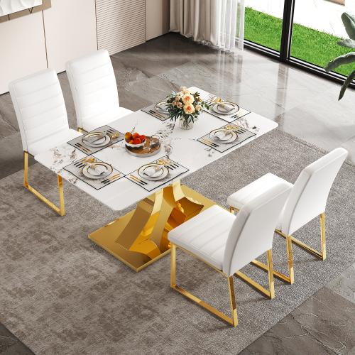 Bellemave  Marble patterned tempered glass dining chair set (gold decoration): 63 inch dining table+4 modern minimalist style dining chairs