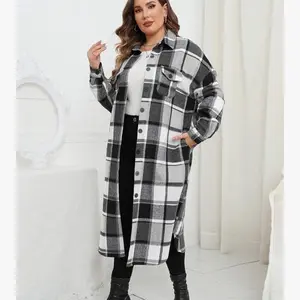 ZOMVA Women's Plus Size 0X-5X Plaid Flannel Long Jacket Coat Oversized Button Down Outwear with Pockets