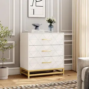White 3 Drawer Dresser, Wood Chest Drawers with Storage for Closet, Bedroom, Drawers Dresser Modern Bedside Nightstand with Gold Handles Cabinet Organizer Organization Minimal