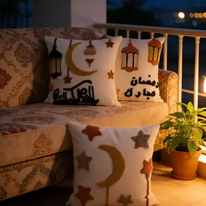 Ramadan Theme Pillow Cover Set, Star Moon Lantern Embroidered Sofa Cushion Covers, Middle Eastern Home Decor Gift, Home Accents, 45x45cm, No Filler Included