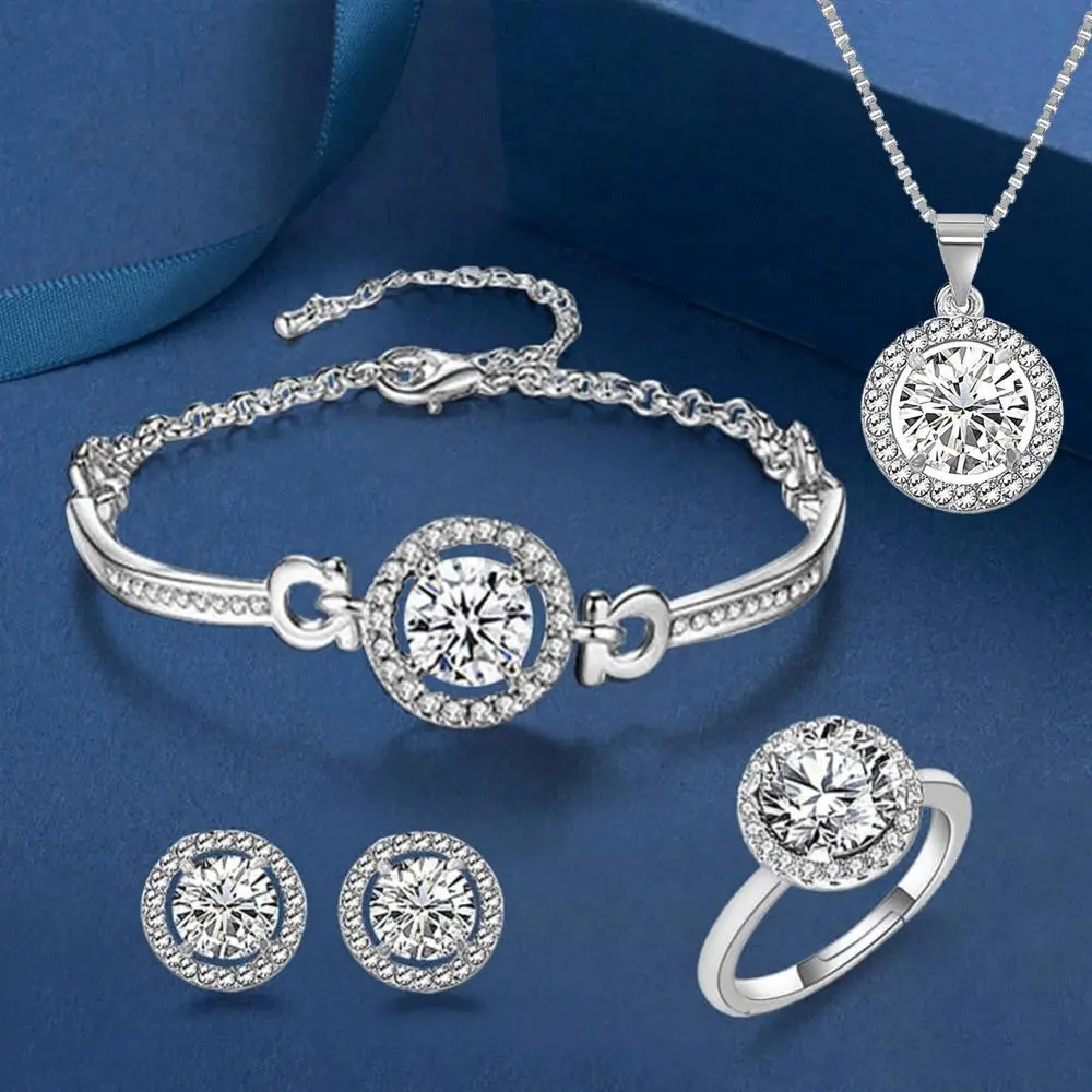 Women's 4-Piece Crystalline Cubic Zirconia Costume Jewelry Set - Adjustable Pendant Necklace, Earrings, Bracelet, Ring for Formal Gowns, Dancing Parties, Luxury Occasions, Elegant, Formal Events, Stud Earrings