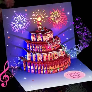 【TK Treding】Luxury 3D Pop-Up Birthday Card with Lights & Music – Black & Gold Cake, Candle & Fireworks, Surprise Gift for Her