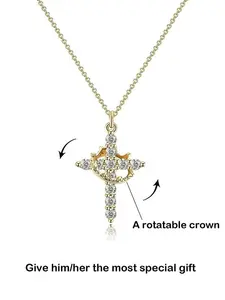 Upgraded Crown Cross Necklace for Women,Crown Cross Pendant Necklace SimpleDiamond Gold Necklaces Faith Cross JewelryFirst Communion Necklace Cuban Link Chain