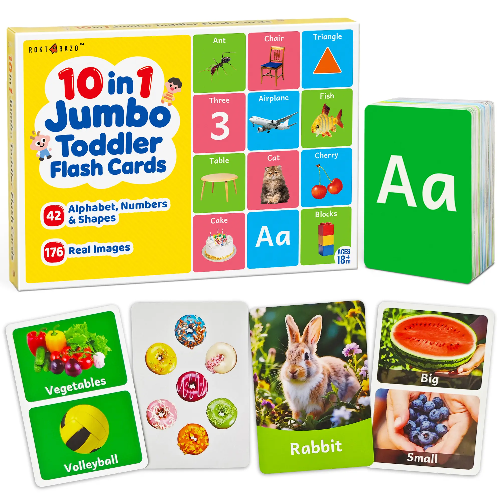 Rokt&razo 10-in-1 Portable Jumbo Toddler Flash Cards Set - Tear-Proof Montessori Early Learning Tools, 192 Real Images, 10 Topics, Unisex Birthday Gift for 1-3 Years, Homeschooling Study Aid, Alphabet, Numbers, Colors, Shapes, Objects