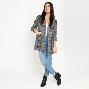 Lyra Fully Lined Long Sleeve Plaid Long Length Boucle Blazer