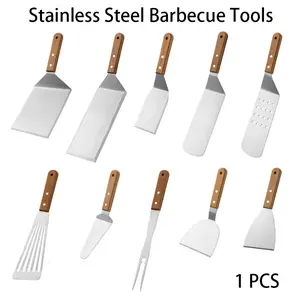 Stainless Steel Barbecue Tools, Barbecue Utensils, Kitchenware, Griddle Accessories Kit, Stainless Steel Metal Spatula Set with Wooden Handle, BBQ Griddle Tools for Flat Top Grill, Teppanyaki, Burger, Pancake, Dishwasher Safe