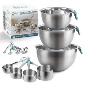 COOK WITH COLOR Stainless Steel Mixing Bowls Set and Measuring Cups- Nesting Bowls with Non-Slip Bottom and Easy-Grip Handles, Sage, 11 Pieces