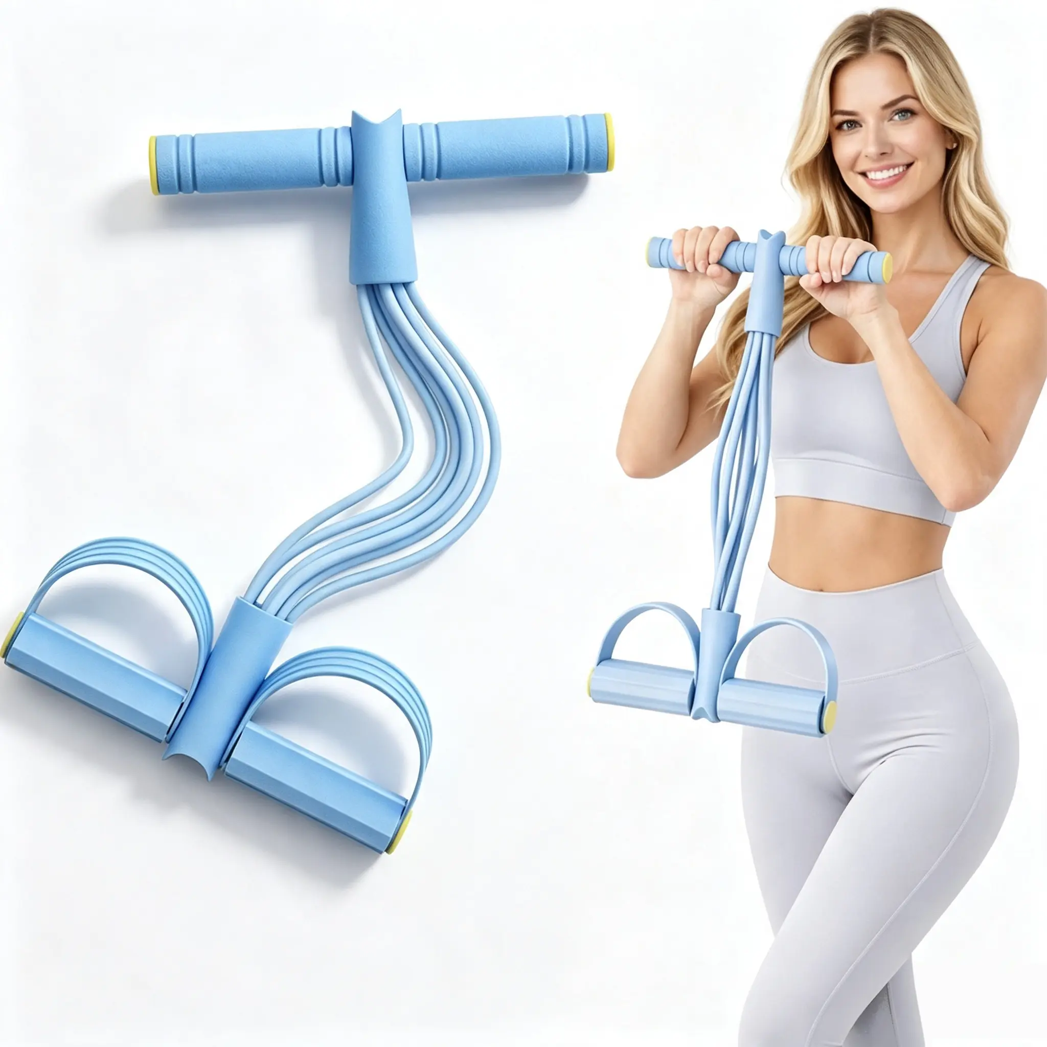 Upgraded Foot Pedal Resistance Exerciser, 6‑Tube Elastic Pull Rope with Soft Non‑Slip Grips, Bonus Skipping Rope, Compact Home Indoor Fitness Gear for Daily Training