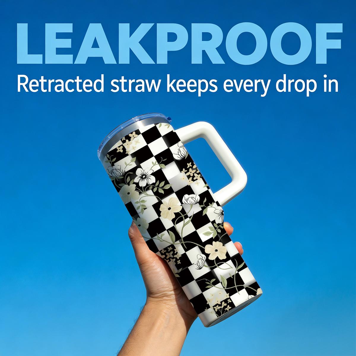 30 oz Sweet & Edgy Checkerboard Floral Insulated Tumbler, Y2K Aesthetic Black & White Checkered Travel Mug with Cream Flowers, Comfort Handle & Straw, Preppy Gift for Her, 48H Iced