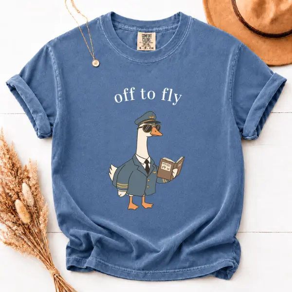 Comfort Colors T-Shirt Off to Fly Pilot Goose Graphic Tee, Vintage Washed Aviation Shirt, Cute Travel Lover Gift, Unisex Casual Apparel