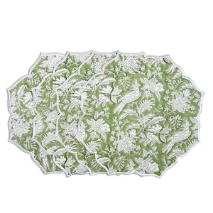 Embroidered Scalloped Cotton Placemats - Olive Green (Set of 4)