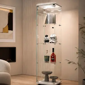 ARCH Tempered Glass Display Cabinet with Battery-Powered LED Light, White Storage Cabinet for Living Room, Wine Cabinet, File Cabinet, 3-4 Shelves, Adjustable Feet, 64.7H, Particle Board, Black/White Color Options, Classic Style, Color: White