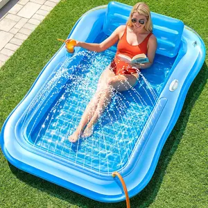 Inflatable Tanning Pool Lounger Float with Sprinkler, 77" x 48" XL Tanning Pool for Adults with Pillow & Cup Holder, 6 in 1 Suntan Tub Sunbathing Bed Pool Floats for Backyard, Beach & Lake