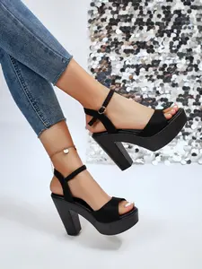 Velvet Strap Strappy Platform Chunky High Heels Waterproof Platform Sandals, Buckle Open-Toe High Heel Shoes, European Style Classy Elegant Women's Footwear