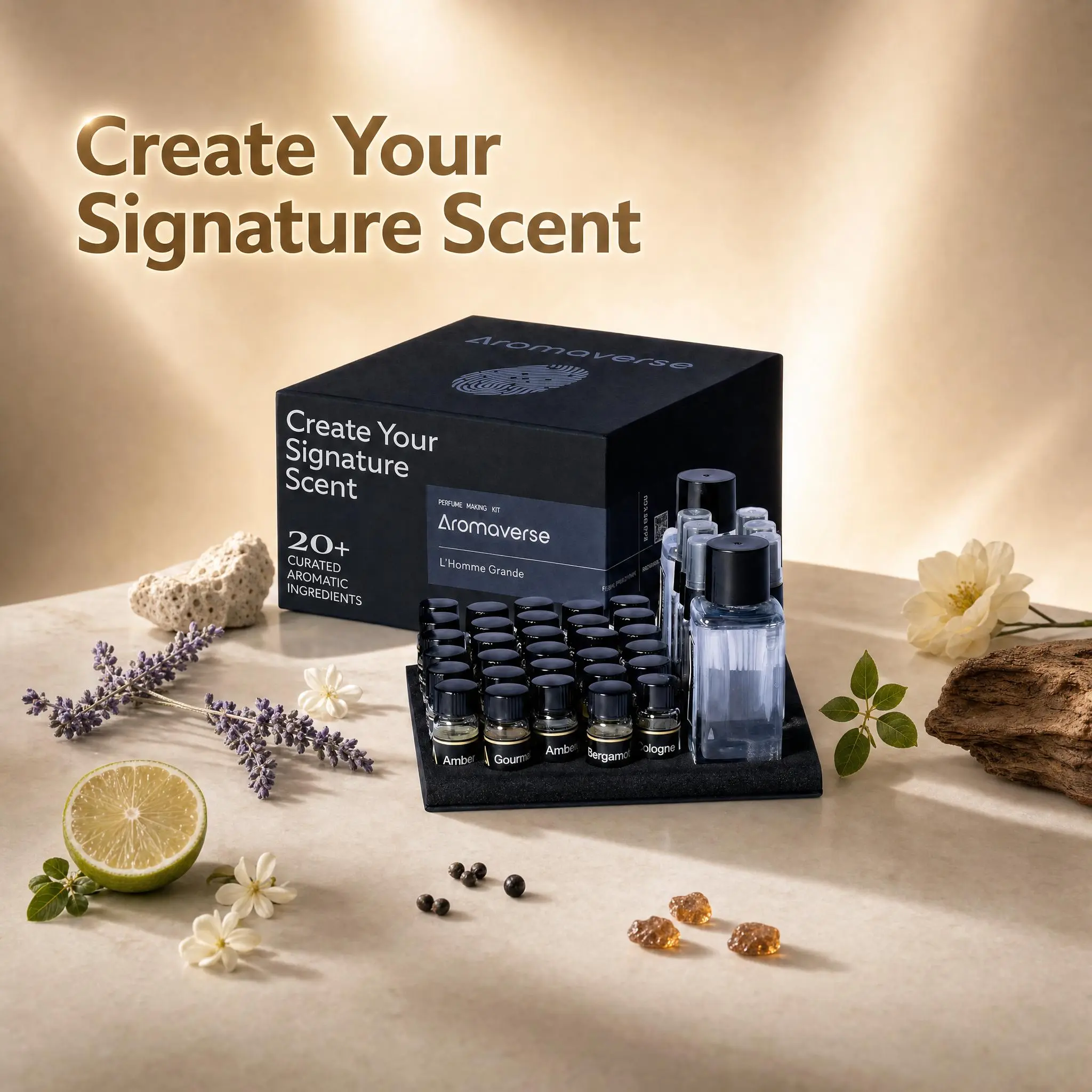 Aromaverse L’Homme Grande Perfume Making Kit for Women & Men, Make Your Own Signature Scent, A Sensory Niche Perfumery Atelier Experience, 30 Couture Ingredients, 6 Recipes, Relaxing Self Activity, Date Night, Artisan Luxury DIY Kit Citrus Woody Citrus Sp