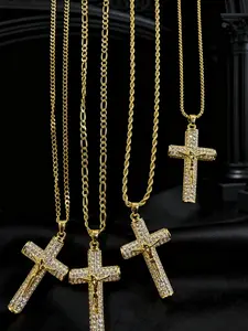 Unisex 14k Gold Plated Cuban Figaro Miami Jesus Cross Chain Necklace, Casual Fashion Jewelry, Party Wear, Daily Decoration, Birthday Gift, Cross Pendant, Cuban Link Chain, Cross Design Pendant