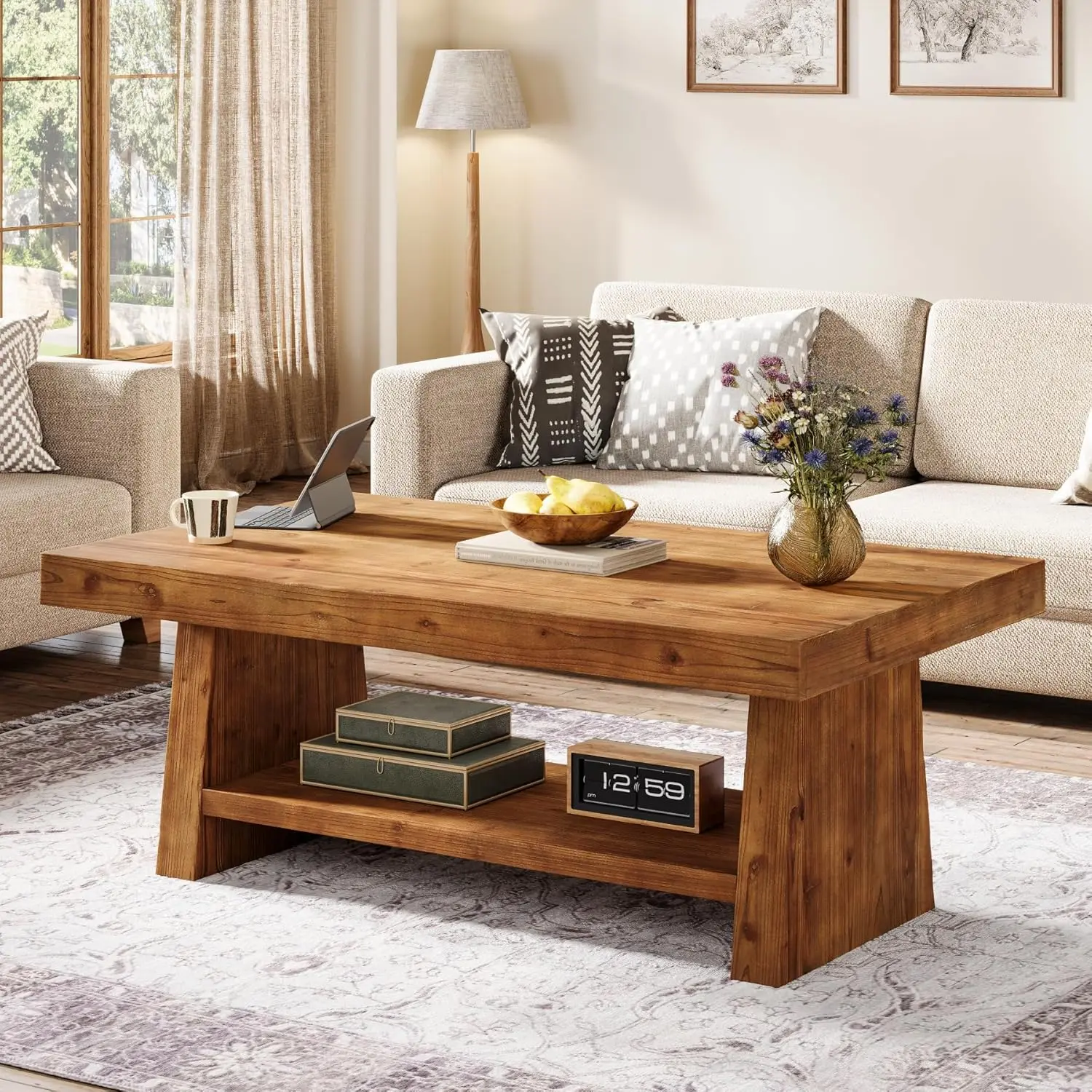 TRIBEWOOD 47-Inch Solid Wood Heavy Duty Coffee Table, Farmhouse 2-Tier Rectangular Center Table with Storage, Indoor Living Room Furniture for Apartment, Office, Natural Brown, Heavy Duty Table