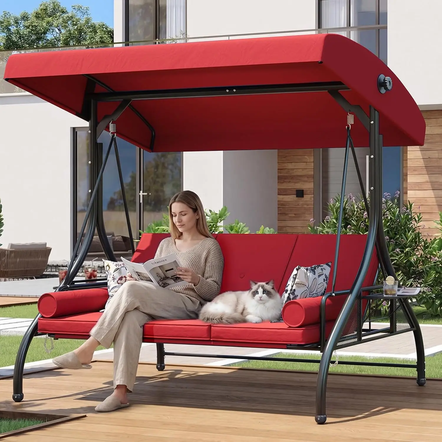 Aoxun 3-Seat Outdoor Porch Swing with Stand, Canopy, Thick Cushions & Cup Holder - 2-in-1 Convertible Swing Bed for Patio, Garden