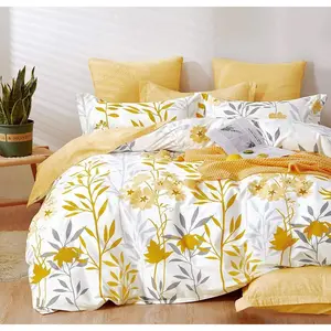 Comforter King Size, 600 Count Grey Branch with Yellow Flower  Grey Leaves Pattern Orange Comforter,Down Alternative 3Pcs(King, Yellow Botanical)