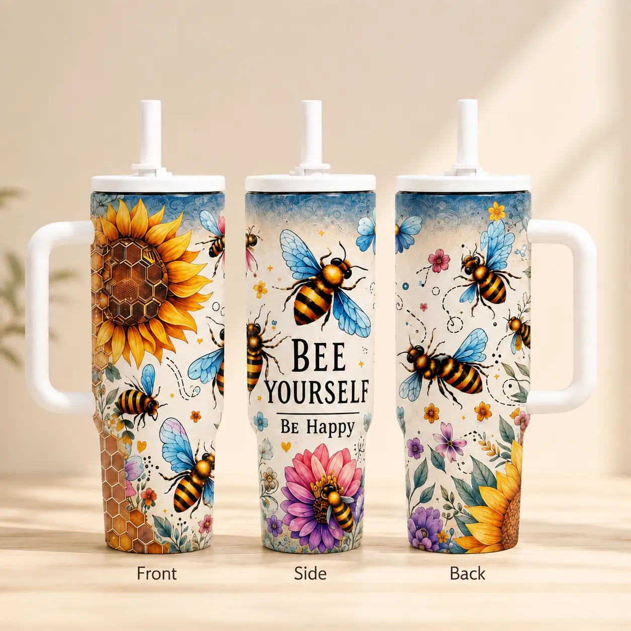 Bee Yourself 40oz Insulated Tumbler with Handle, Sunflower Honey Bee Floral Stainless Steel Travel Cup, Leak-Proof Lid & Foldable Straw, Bee Lover Gift