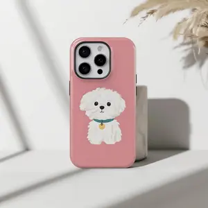 Adorable Fluffy White Dog Tough Case for IP Phone 17 16 15 14 13 12 11 X Pro Max Plus Mini - Cute Pink Puppy Glossy Face Case - Coquette Aesthetic Gift for Dog Moms 🎀🐶