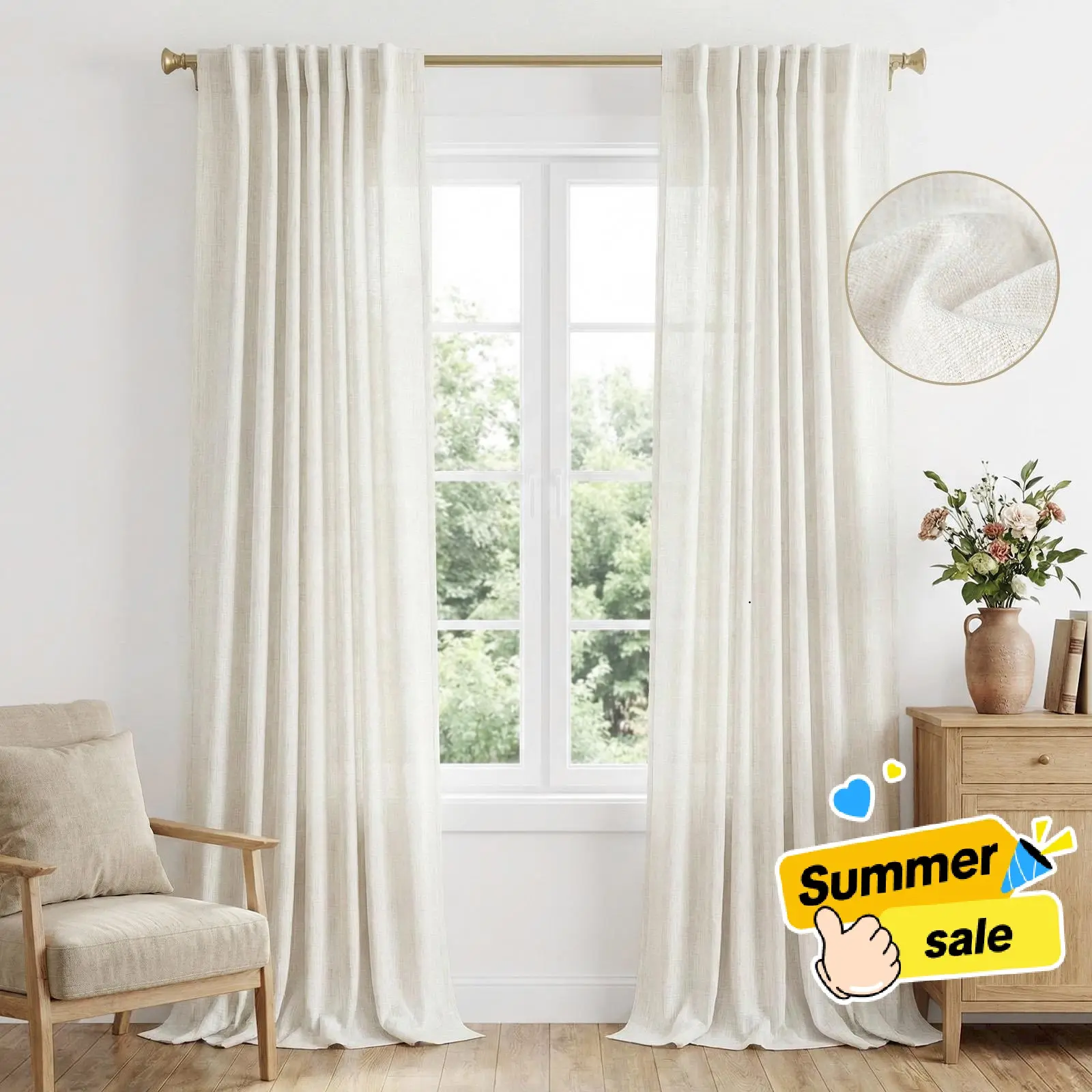 Back To School Inovaday 2pcs Linen Curtains for Living Room Bedroom, Unlined Curtains Drapes Back Tab Semi Sheer Privacy Curtains, Light Filtering Farmhouse Outdoorfun