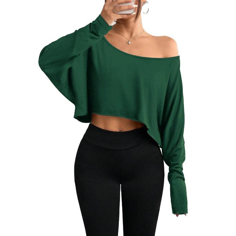 Women's Solid Off Shoulder Loose Tee, Casual Long Sleeve Crop Top for Daily Holiday Outdoor Wear, Everyday Ladies Clothes for All Seasons
