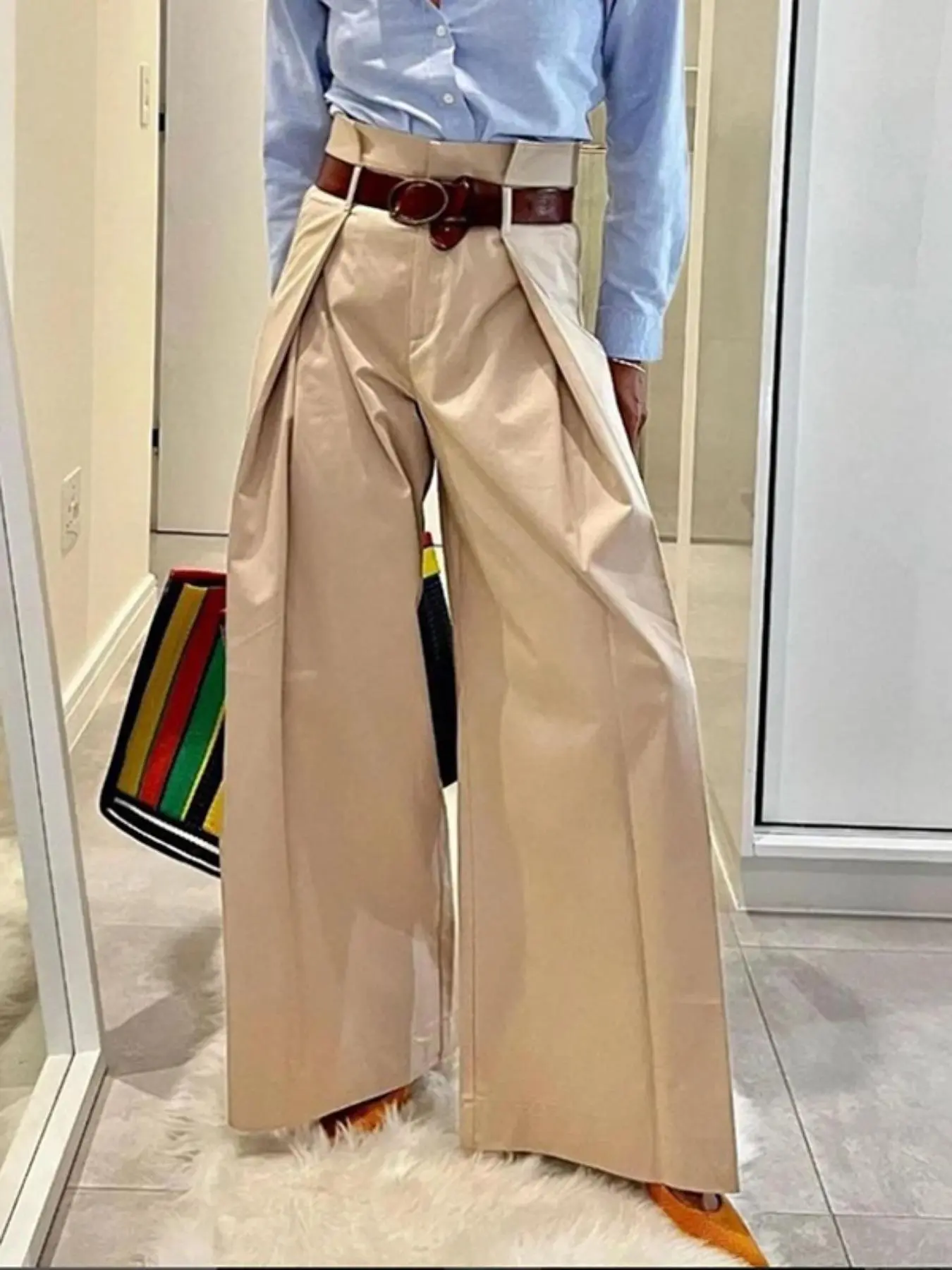 Women's Solid Woven Pleated Plicated Casual High Waisted Wide Leg Fit Pants, Casual Comfy Everyday Trousers for Daily Wear, Ladies Bottoms for Fall & Winter Aesthetic, Womenswear, Casual Lounge Pants