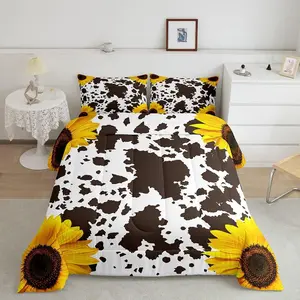 Cow Print Designer Comforter Set,Sunflower Comforter,Botanical Floral Print Luxury Twin Size Bedding Set,Super Soft Microfiber Comfortable Bedding