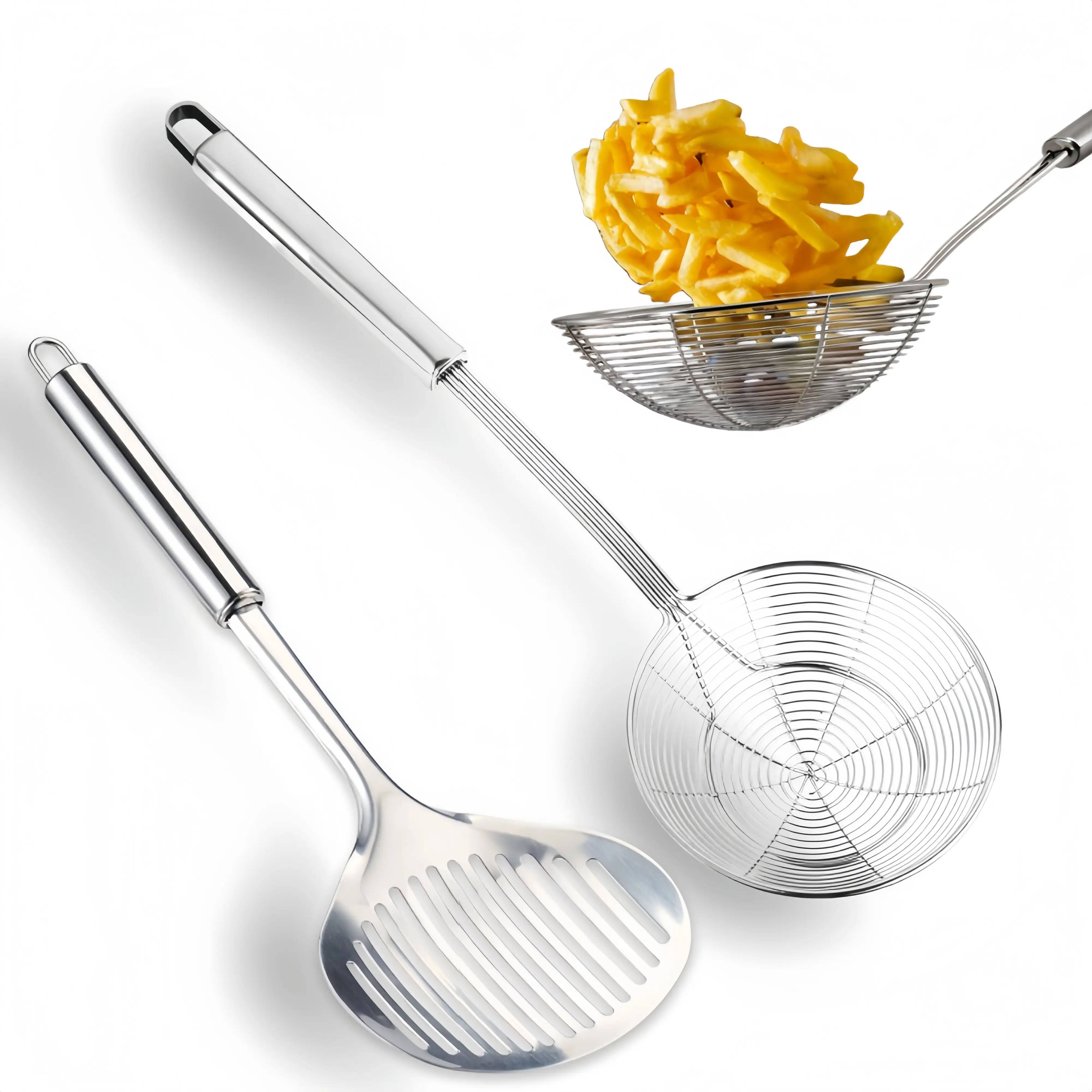 2 PCS Sturdy Stainless Steel Spider Strainers - Long Handle Skimmer Ladle, Slotted Spoon Alternative, Multi-Kitchen Use Kitchen Utensil for Pan Oil Separation, Frying, Daily Cooking, Housewarming Gift