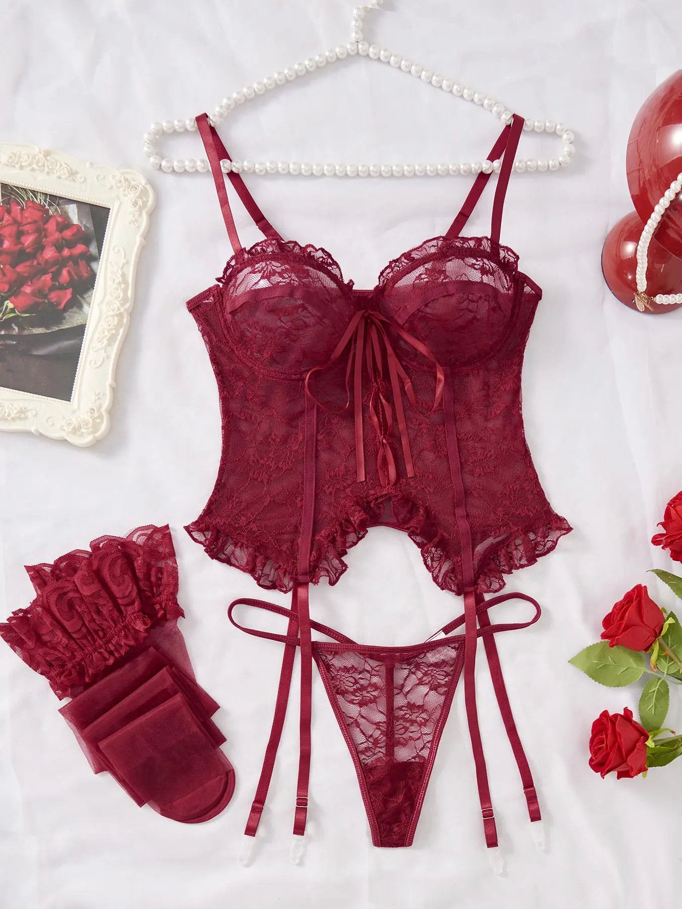 Women's 3 Piece Lingerie Set, Bralette Panty Set, Includes Bra, Thong, Stockings, Elegant Elastic Lingerie for Special Occasions, Fitted and Sexy Design Spaghetti Strap