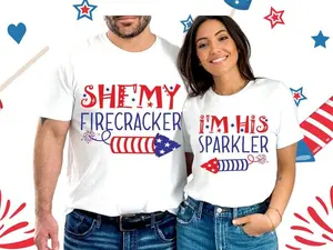 Retro She is My Firecracker, I'm His Sparkler Shirt, 4th Of July Couple Matching Shirt,Red Blue White Tee, Firecracker Shirt,Family Matching