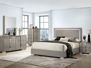 FM7211BG-4PC Sinistra Beige Glossy Finish Wood LED Accents Headboard Set w Silver Metal Vertical Handles for Queen Bedroom Set including Bed Nightstand Dresser & Mirror