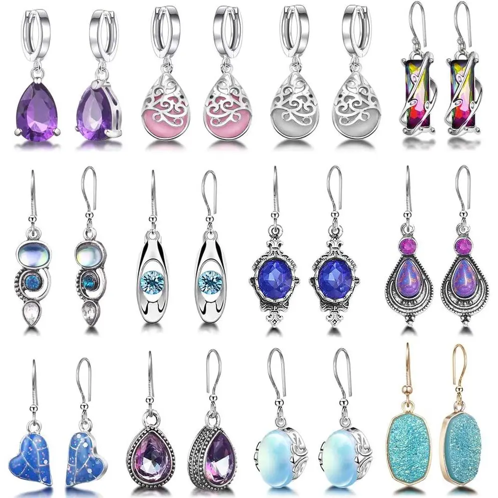 12 Pairs Teardrop Druse Crystal Drop Dangle Earrings for Women Girls Cubic Zirconia Huggie Hoop Earring Jewelry Set Christmas Gifts