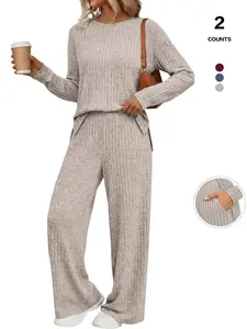 TFNOSIZE Women's Two-Piece Casual Set for Fall/Winter Wear Henry Neck Knit Top 2026 Style with Matching Sweatpants for Comfort Pajama Set with Pocket Design