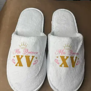 Mis Quince Slippers - White Slippers with "Mis Quince XV" Design and Crown Motif for Special Occasions
