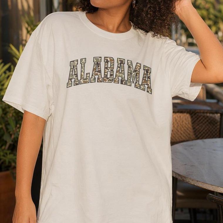Women's Alabama Camo Graphic Casual T-Shirt - Varsity Letter, Plus Size, School Appropriate
