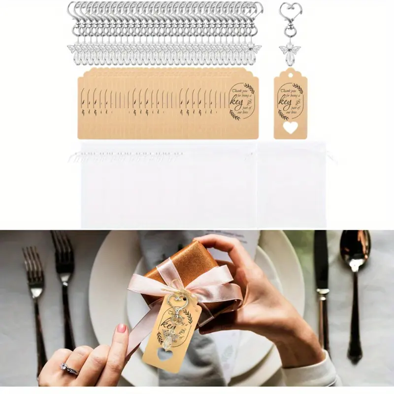 30 Sets Guardian Angel Keychains with Keyring Organza Bags Thank You Tags, unique jewelry Fashion Accessories Suitable for Graduation Season, Wedding and Valentine'S Day Gift