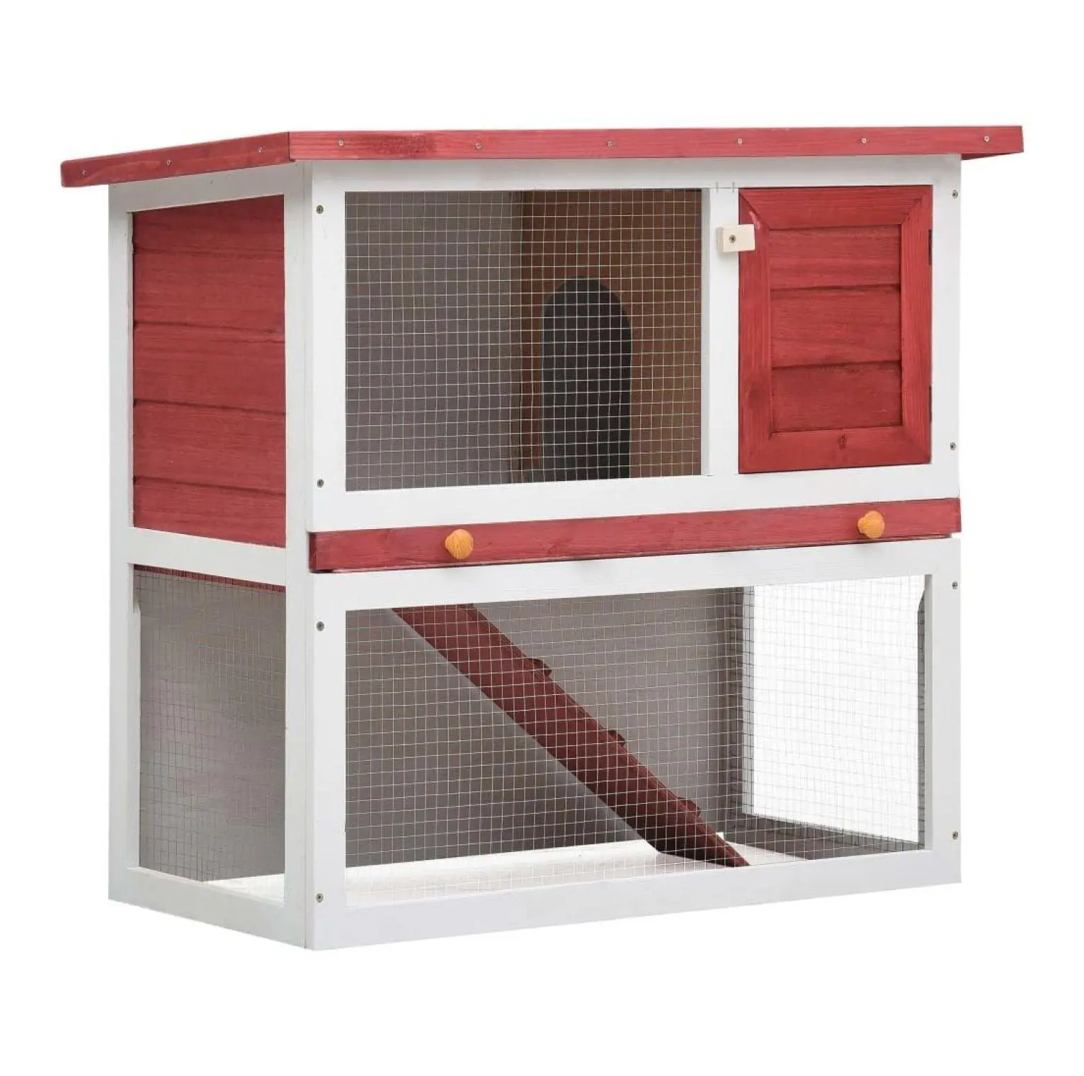 Solid Red Wood Outdoor Rabbit Hutch - Single Door, Secure Large Bunny Cage with Ramp, Removable Tray, Pet Enclosure for Rabbits