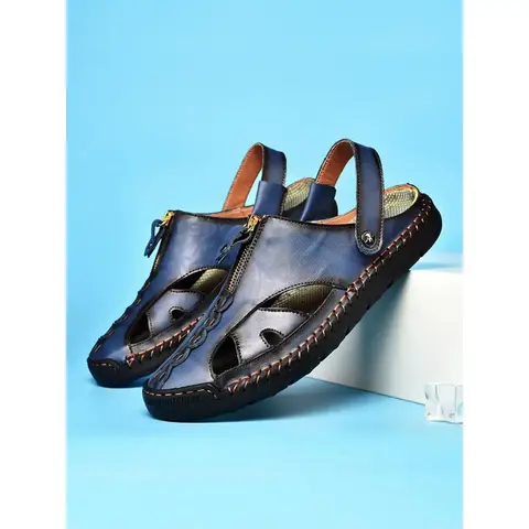Men's Casual Plain Color  Sandals, Pu Leather Slides, Fashionable Round Toe Sandals for Summer, Lightweight Breathable Comfortable Sports Sandals for Daily Wear, ShoeGift