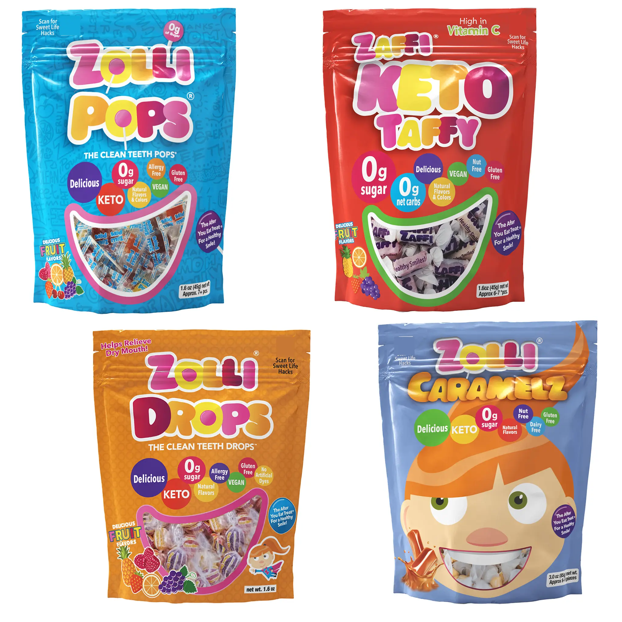 Zolli Candy Sampler Pack 4 Bags - Zero Sugar Lollipops Taffy Drops & Caramels Sweet Snack Variety Keto Vegan Gluten-Free