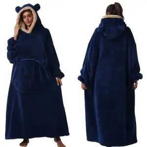 1pc Navy Bear Pocket Long Hoodie Loungewear, Thick Warm Winter Sleepwear, Soft Comfort, Unisex, Large Size