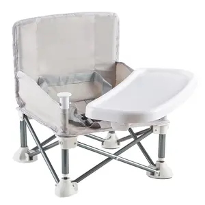 Portable Baby Chair with Removable Tray – Folding Booster Seat for Toddlers 6 Months to 3 Years, Lightweight Travel Highchair for Camping, Beach, Outdoor & Dining Table Use Beige (Grey)