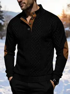 Men's Patchwork Knitwear Sweater, Stand Collar Fitted Casual Outerwear, Fall & Winter Daily Commute Outdoor Wear