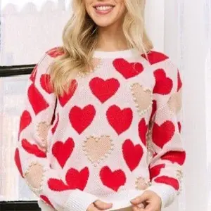 Sweet Heart Knit Sweater with Red Hearts & Beaded Embellishments for Valentine's Day