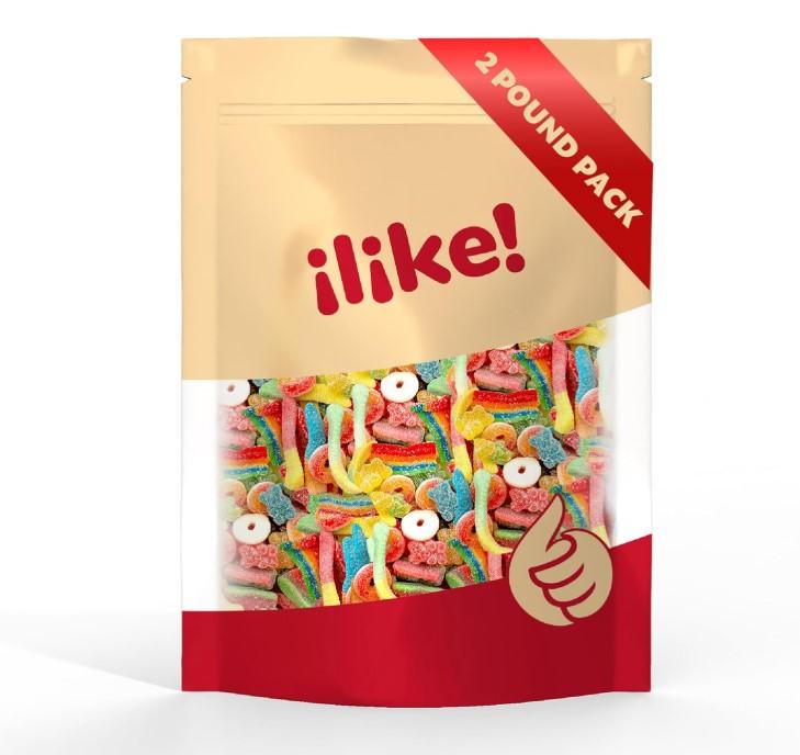 ILIKE Sour Gummy Candy Mix 2-Pound Pack - Zesty Belts Juicy Peach Rings Refreshing Watermelon Wedges Wriggly Worms Classic Bears for Parties & Snacks