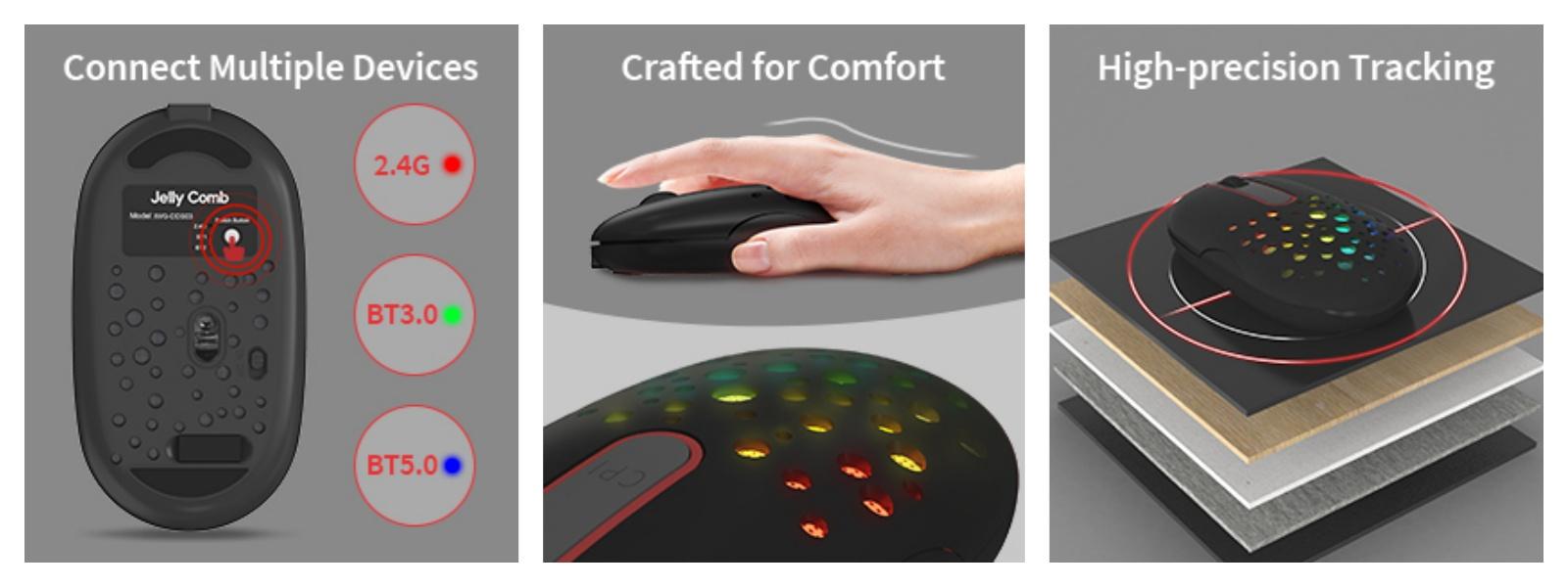 LED Bluetooth Mouse - Jelly Comb 3 Mode (BT5.0/3.0+USB) Rechargeable RGB Wireless Mouse Silent Optical Computer Mice for Laptop, PC, Mac, ipad, ipad Pro, Chromebook (Black)